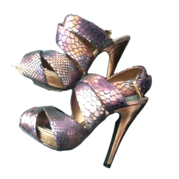 Women's Sarah Jayne Strappy Sandals Peep Toe Stiletto Heel Metallic sz 7.5M Read - Picture 3 of 7
